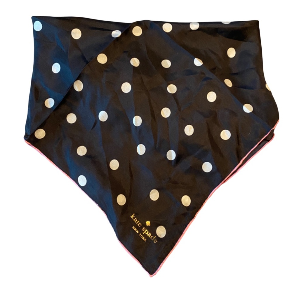 NWT Kate Spade 100% Silk Polka Dot Bandana Black White Pink Trim OS